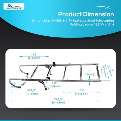 MARINE CITY 2+3 Step Telescoping Folding Ladder – 304 Grade Stainless Steel, 400 lb Capacity – Compact, Sturdy Design for Easy Installation on Boats, Pontoons, RVs, and Ships