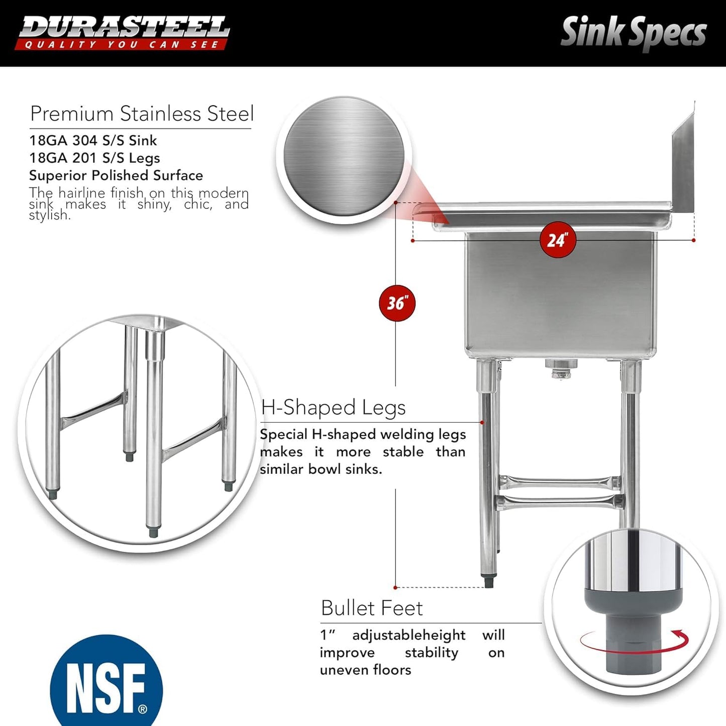 DuraSteel Commercial Stainless Steel Utility Sink - NSF 18 x 18 x 12 Bowl with Right Drainboard & Faucet - Freestanding Outdoor Kitchen Sinks, Outdoor Sinks, Laundry Sink, Garage Shop, Utility Tub