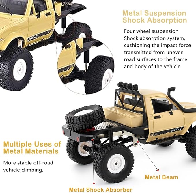 RC Truck 1/16 RC Rock Crawler WPL C14 4x4 RC Semi Truck 2.4GHz Remote Control Car All Terrain Off Road RC Climbing Car with LED Lights and 2 Batteries for Adults (Yellow)