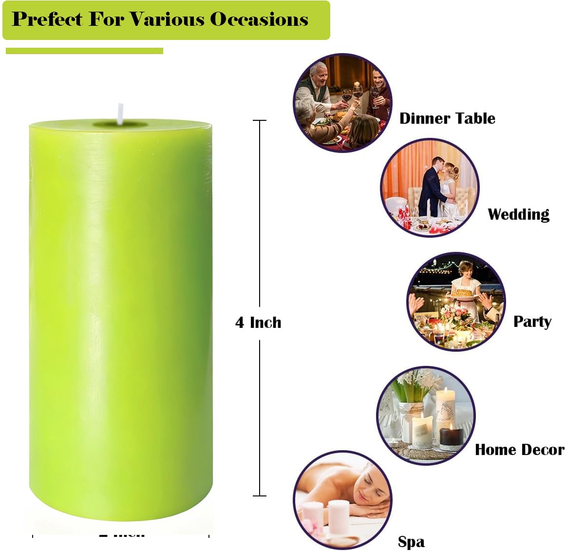 4 Pack Apple Green Pillar Candles, 2x4 Inch, Long-Lasting, Dripless and Smokeless Unscented Candles, Ideal for Home Décor, Parties Weddings and Relaxation