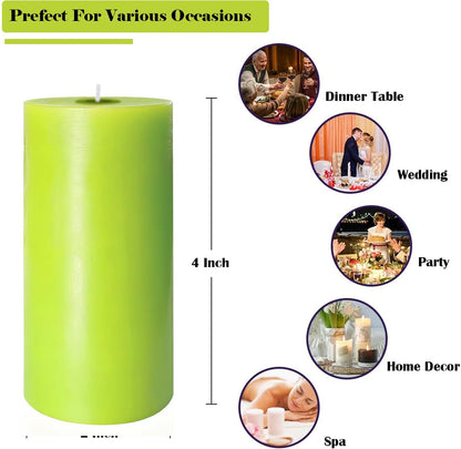 4 Pack Apple Green Pillar Candles, 2x4 Inch, Long-Lasting, Dripless and Smokeless Unscented Candles, Ideal for Home Décor, Parties Weddings and Relaxation