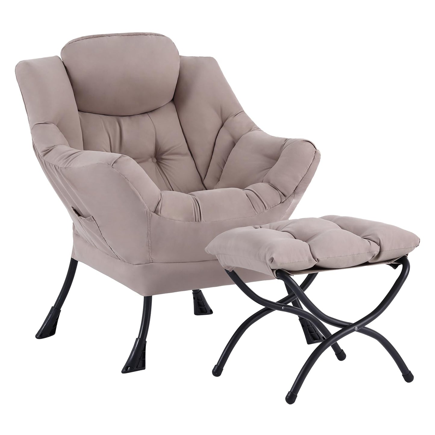 Welnow Lazy Chair with Ottoman, Modern Reading Accent Chair with Armrests and a Side Pocket, Leisure Upholstered Lazy Sofa Set with Footrest for Small Space, Khaki