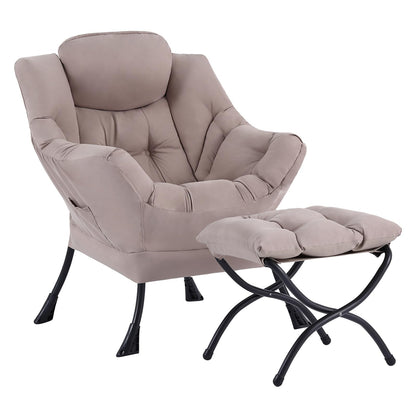 Welnow Lazy Chair with Ottoman, Modern Reading Accent Chair with Armrests and a Side Pocket, Leisure Upholstered Lazy Sofa Set with Footrest for Small Space, Khaki