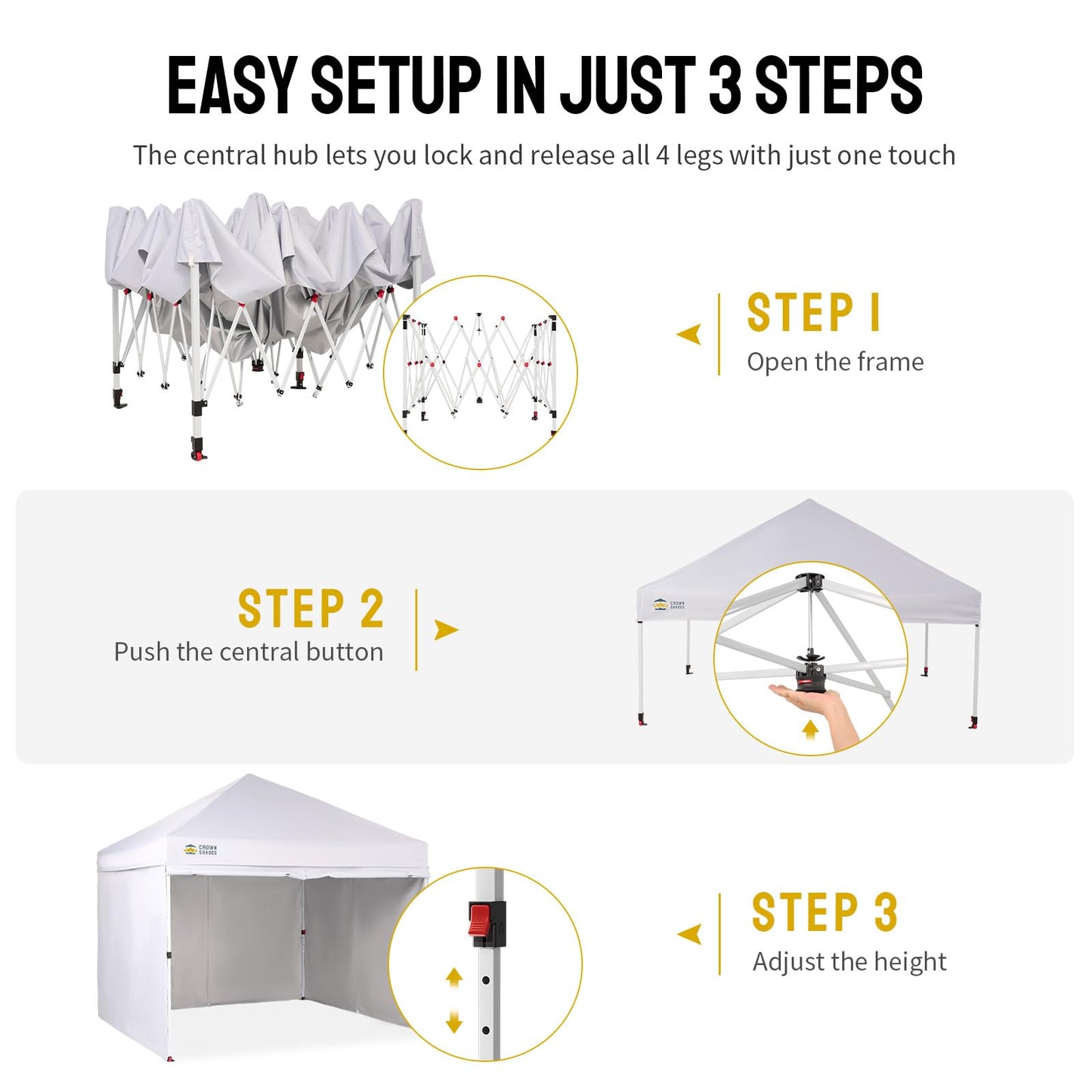 CROWN SHADES 10X10 Commercial Instant Canopy Pop Up Tent with CENTERLOK, 300D Fabric, 4 Sidewalls, White