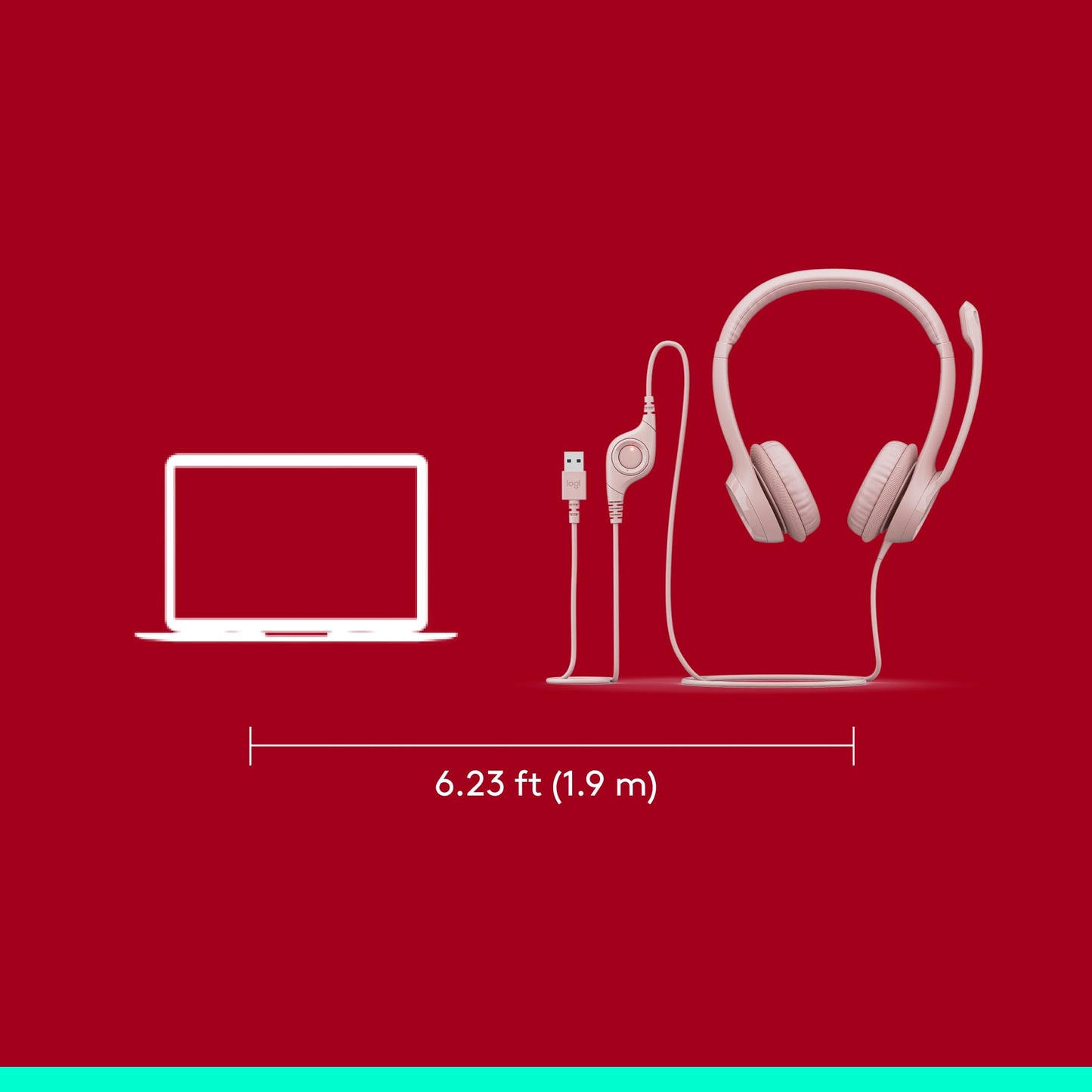 Logitech H390 Wired Headset for PC/Laptop, Stereo Headphones with Noise Cancelling Microphone, USB-A, in-Line Controls, Works with Chromebook - Rose