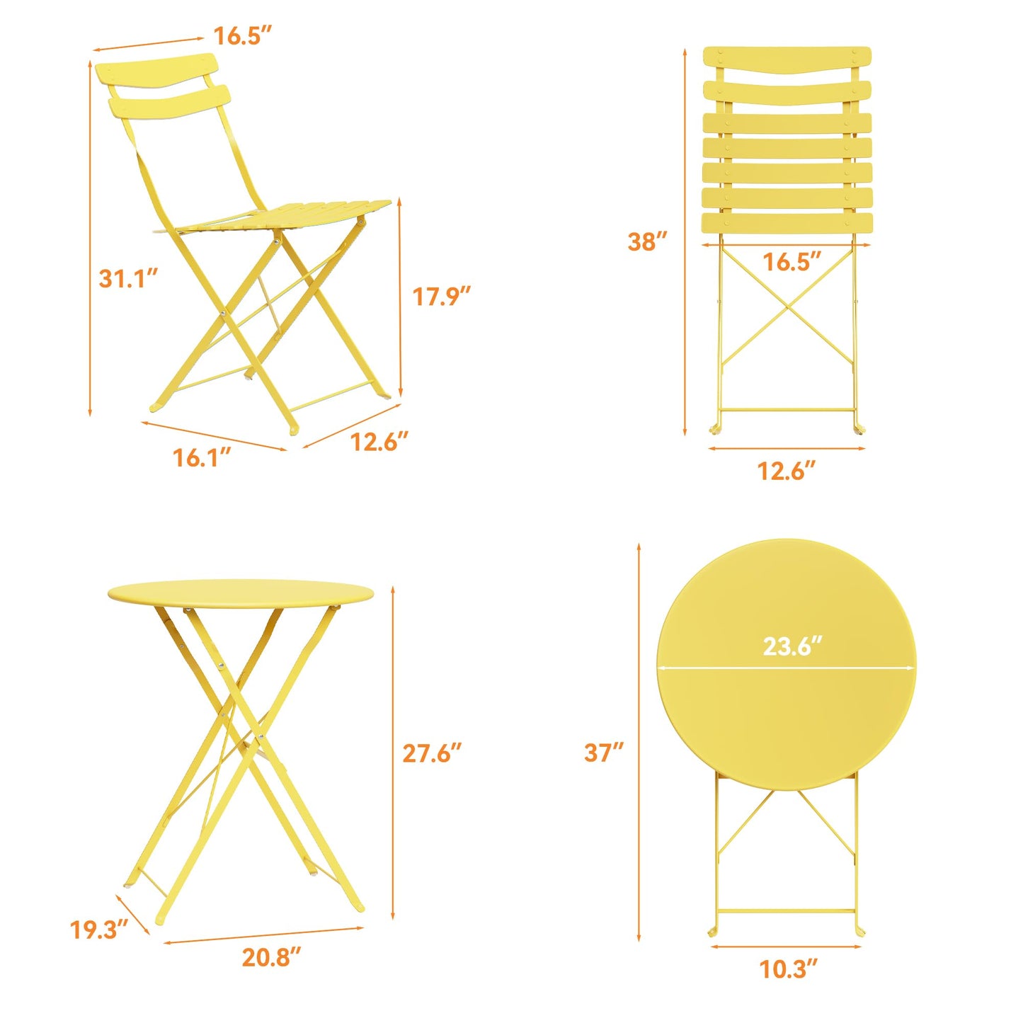 GarveeHome 3 Piece Foldable Patio Bistro Set, Outdoor/Indoor Metal Table and Chairs Furniture, Compact Round Table with 2 Folding Chairs for Balcony, Porch, Garden, Apartment, Small Space, Yellow