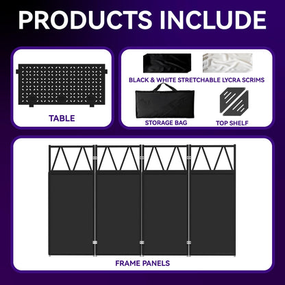 lunacme Portable DJ Booth Table,Foldable DJ Table Stand with White & Black Scrim,Adjustable D J Facade Station Triangle Plate Metal Frame with Cable Hole for Private Events, Clubs, Bars