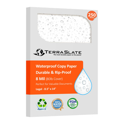 TerraSlate Waterproof Laser Printer Paper – 8 MIL 8.5"x14", 250 Sheets, White – Rip & Smudge Proof, Heavy-Duty for Outdoor Use, Ideal for Printing, Copying & More
