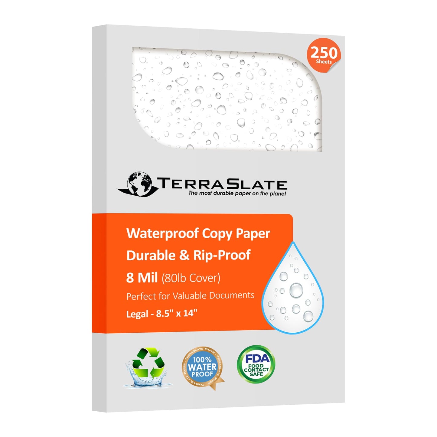 TerraSlate Waterproof Laser Printer Paper – 8 MIL 8.5"x14", 250 Sheets, White – Rip & Smudge Proof, Heavy-Duty for Outdoor Use, Ideal for Printing, Copying & More
