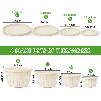 Quarut 12 Inch Large Planter Pot for Plants Indoor Outdoor, 4 Pack Plastic Flower Pots with Drainage Hole & Tray, Modern Decorative Garden Pot with Saucer, Plant Container for House（White）