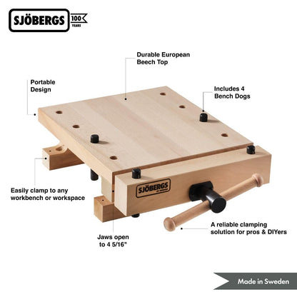Sjöbergs Smart Workstation Pro Vise Top – Professional Portable Work Station with Large Surface 20-7/8" x 14-3/8", Versatile, Durable European Beech Construction, SJO-33309