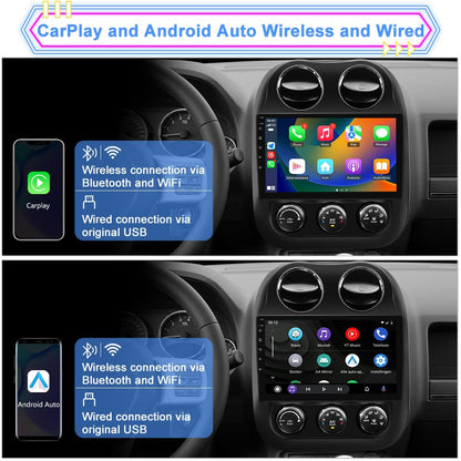 Car Radio for Jeep Compass Patriot 2010–2016, 10.1" Touchscreen Android 13 Stereo Quad-Core | 2GB RAM 64GB ROM | Wireless CarPlay Android Auto | Backup Camera, WiFi, FM AM, Steering Wheel Control