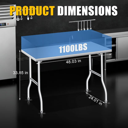 GlowSol Folding Stainless Steel Table 48 x 24 Inch, Metal Foldable Prep/Work Table, 1100 LB Load Capacity, No Assembly, Portable Workbench for Kitchen, Laundry, Restaurant, Camping, Garage