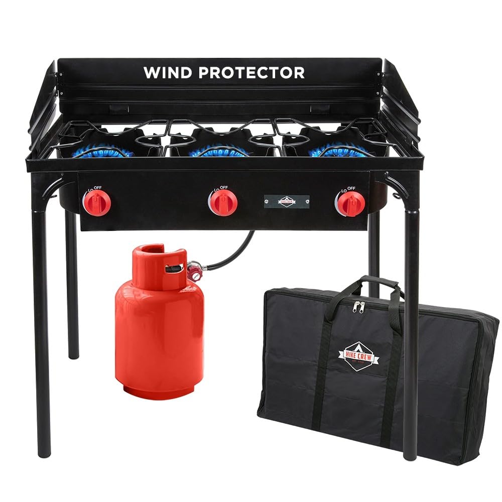 Hike Crew Cast Iron 3-Burner Outdoor Gas Stove | 225,000 BTU Portable Propane Cooktop w/Blue Flame Control, Removable Legs, Temperature Control Knobs, Wind Panel, Hose, Regulator & Storage Carry Case