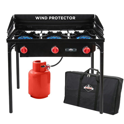 Hike Crew Cast Iron 3-Burner Outdoor Gas Stove | 225,000 BTU Portable Propane Cooktop w/Blue Flame Control, Removable Legs, Temperature Control Knobs, Wind Panel, Hose, Regulator & Storage Carry Case