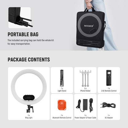 NEEWER 19" 100W High Power LED Ring Light with Tripod Stand & 3 Phone Holders Compatible with iPhone, 2900-7000K CRI97+ App&2.4G Control Lighting for Selfie Video Recording Makeup Streaming, RH100B