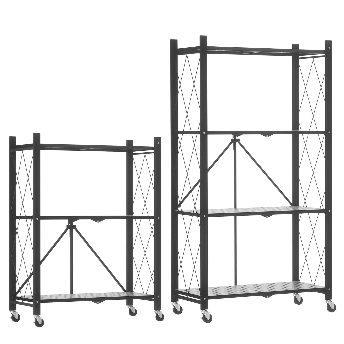 ALANNG Folding Storage Shelves with Wheels, 3 Tier and 4 Tier (2 Pack, Black)