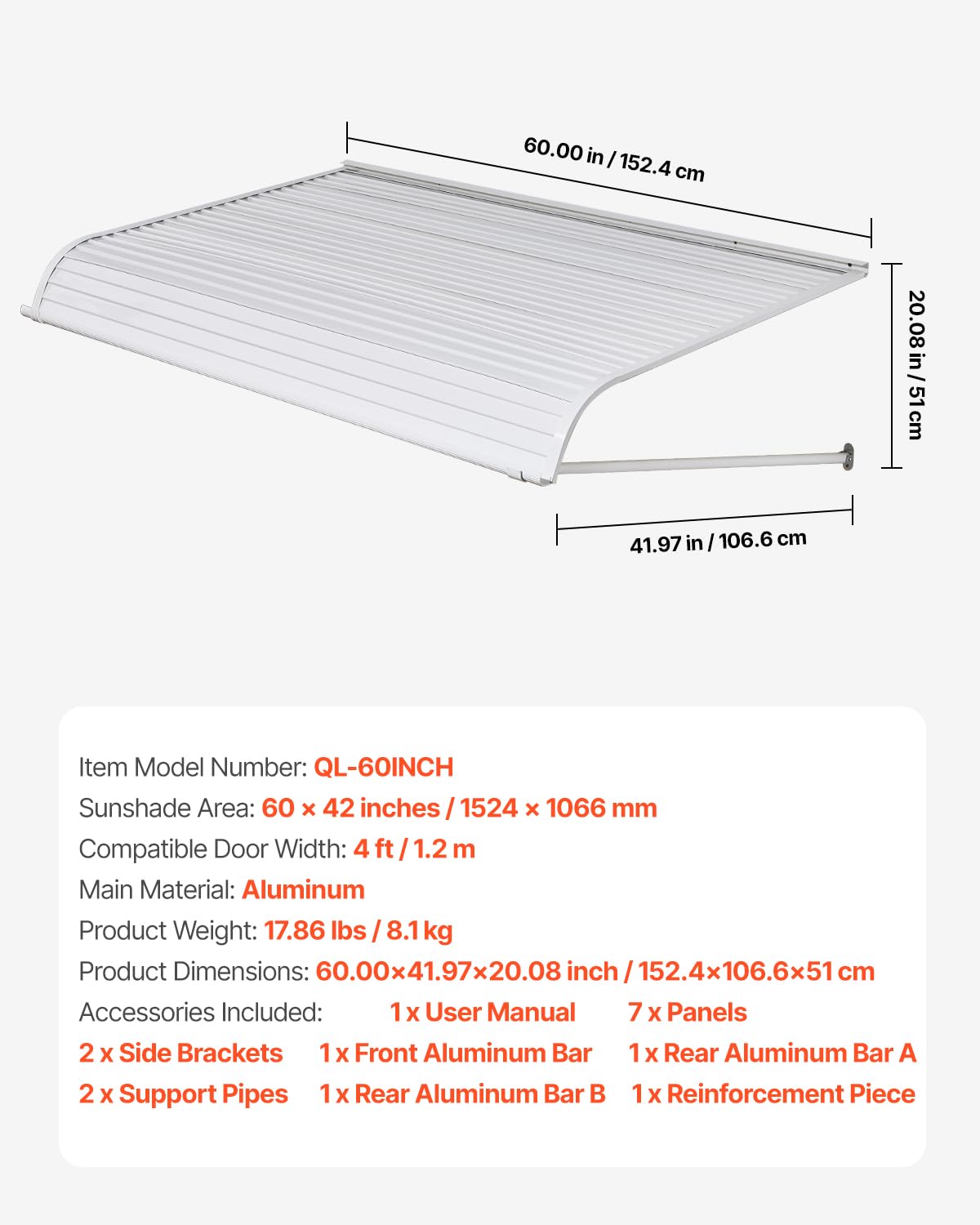 VEVOR Aluminum Awning 60 x 42 in, Durable Window Awning Door Canopy, Lightweight and Stable Aluminum Awnings for Doors Exterior Rain Snow Sunlight Protection for Door Entrance Windows Patio Porch