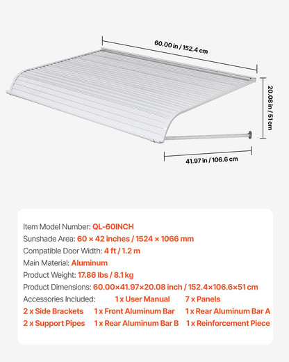 VEVOR Aluminum Awning 60 x 42 in, Durable Window Awning Door Canopy, Lightweight and Stable Aluminum Awnings for Doors Exterior Rain Snow Sunlight Protection for Door Entrance Windows Patio Porch