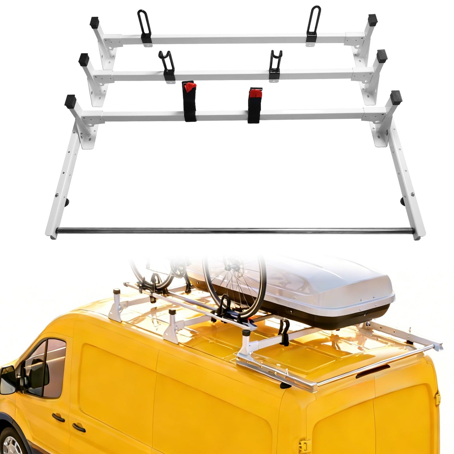 Cargo Van Roof Ladder Rack with Roller Fit for 2015-2024 Ford Transit 150 250 350, 54" Heavy Duty Van Ladder Roof Rack 800 Lbs Load Capacity 3 Bars