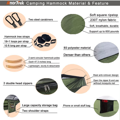 AnorTrek Camping Hammock with Mosquito Net and Rain Fly Tarp, Portable Double Hammock with Two Tree Straps, 230T Nylon Hammock and Waterproof Rain Fly Set for Hiking, Backpacking, Overnight (Green)