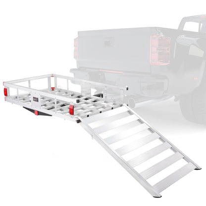 VEVOR 50 x 29.5 x 8.7 in Hitch Cargo Carrier, 500lb Capacity Trailer Hitch Mount Aluminum Cargo Basket with Folding Ramp, Luggage Carrier Rack Fits 2" Hitch Receiver for SUV Truck Pickup Camping