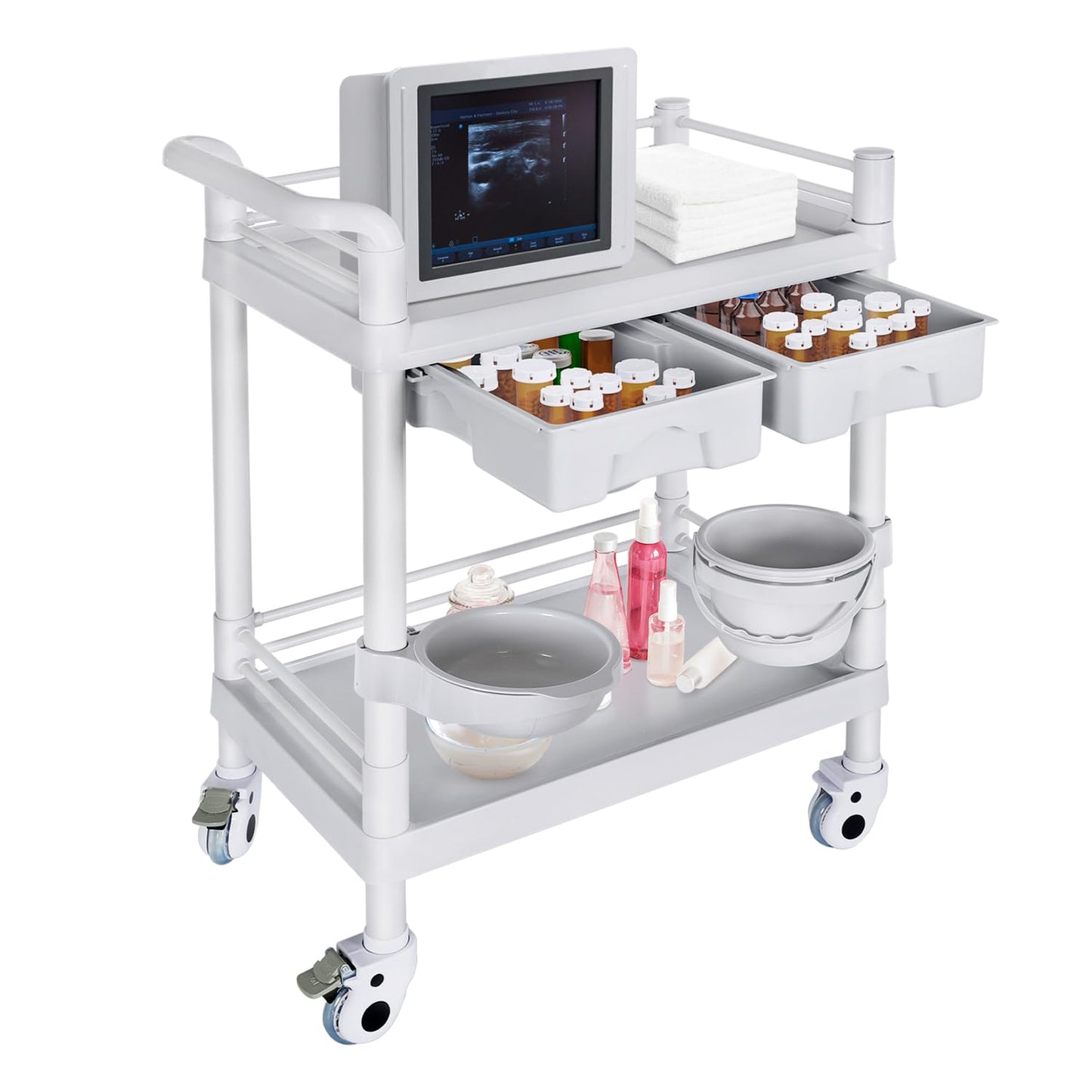 Medical Mobile Trolley Cart 2-Shelf 220 LBS Max Load Rolling Utility Cart Heavy Duty Beauty Salon Storage Cart with Drawers Dirt Buckets Rotate Wheels 2 Brake for Hospital Dental Clinic Home