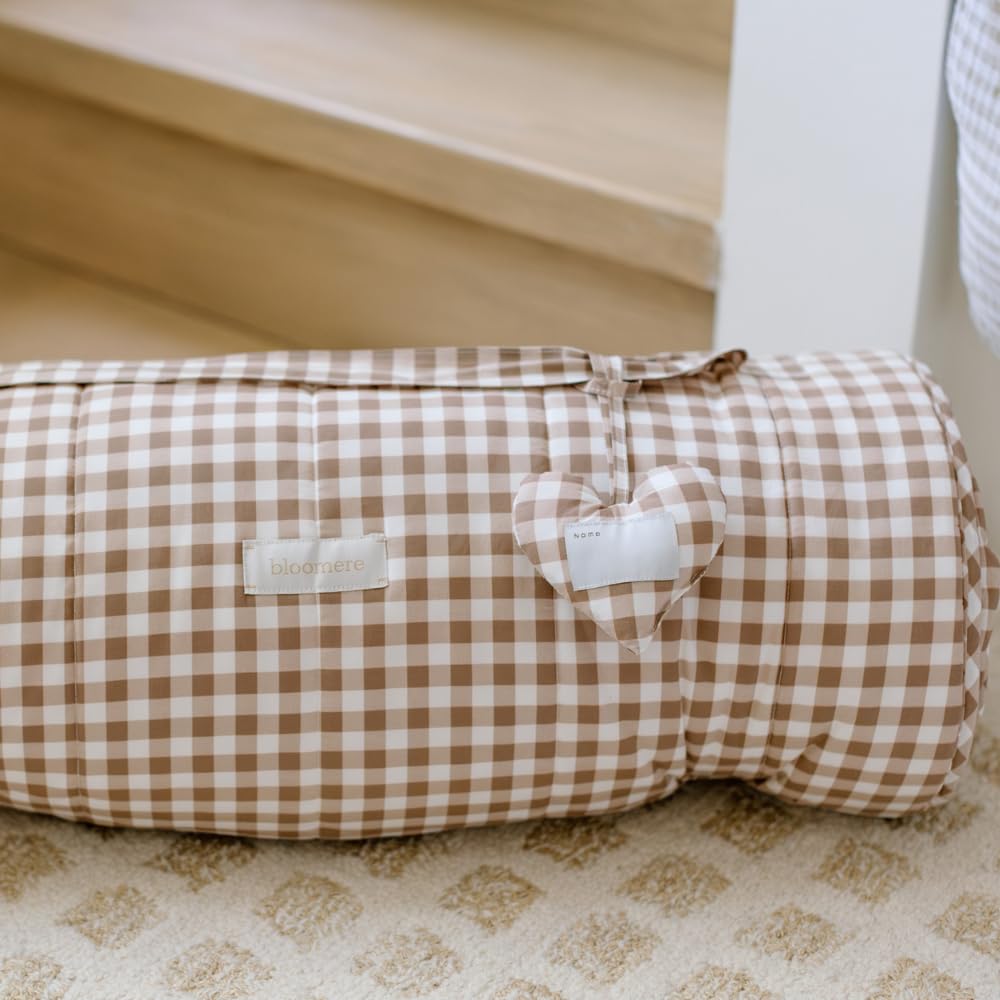 Bloomere Organic Toddler Nap Mat – 100% Cotton Fabric Kids Washable Sleeping Mat & Detachable Pillow – Sleeping Bag with Soft 1.5” Pad – Nap Mat for Daycare, Preschool, & Sleepovers (Brown Gingham)