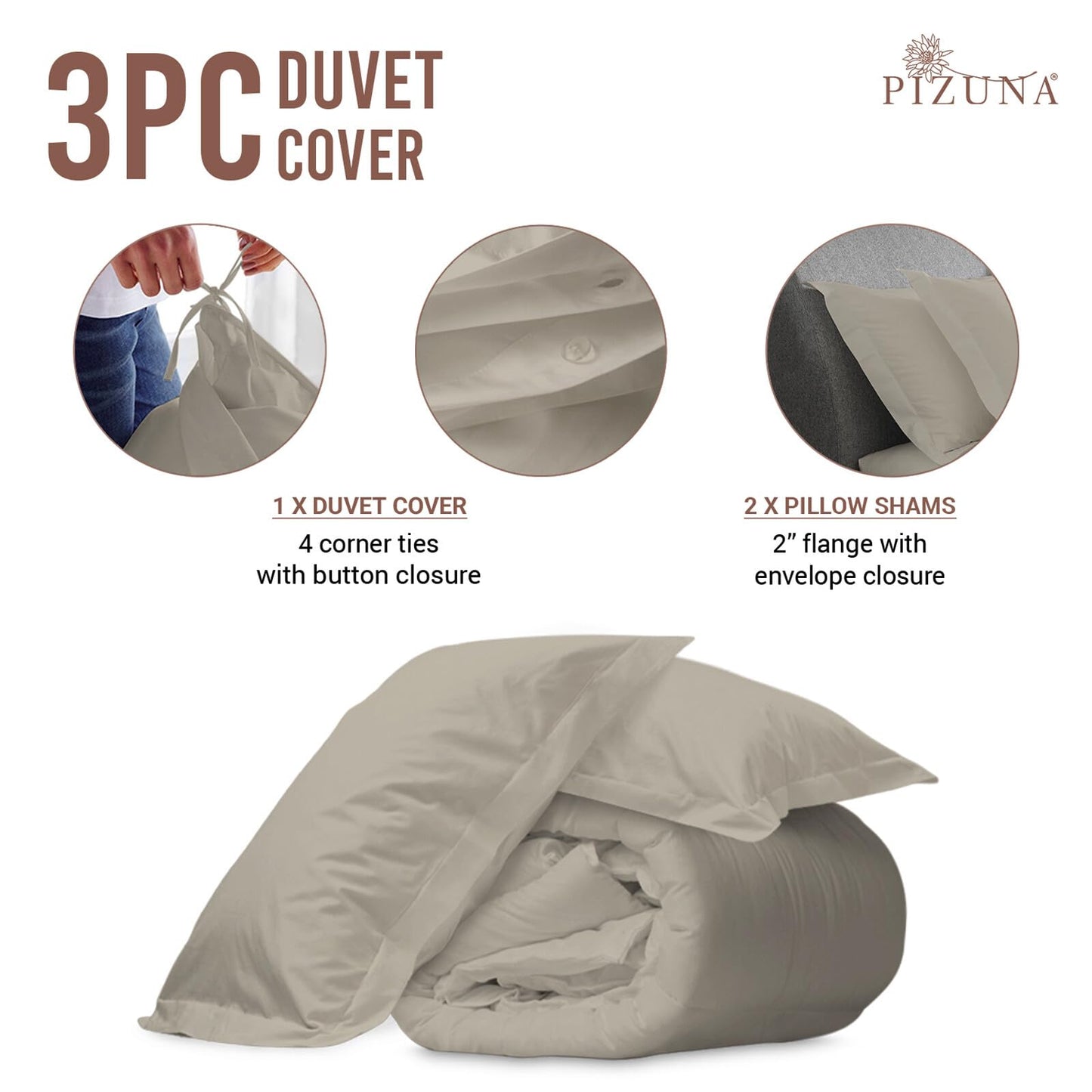 Pizuna Cotton Queen Duvet Cover Set, 400 Thread Count Long Staple Cotton Sateen Weave with Button Closure (Simply Taupe)
