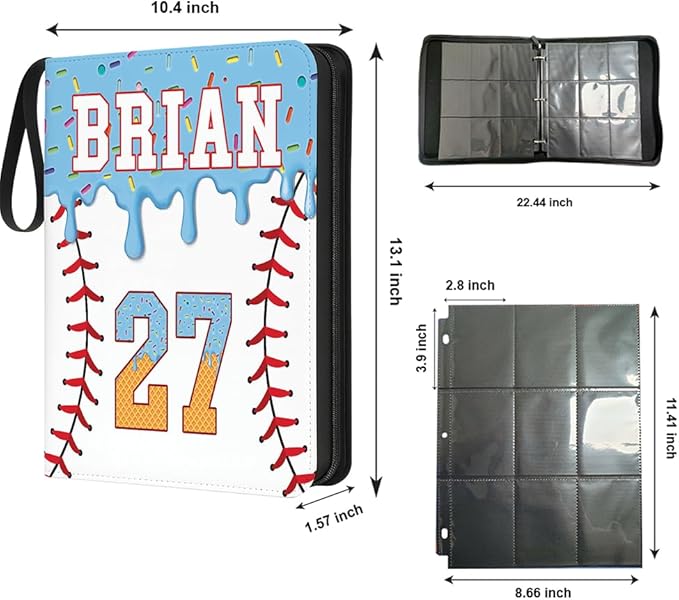 Personalized Ice Cream Drip Baseball Card Binder with Name &amp Number – Zipper Trading Card Album with Handle – Collector Case for Players &amp Fans (Ice Cream Drip Art #1)