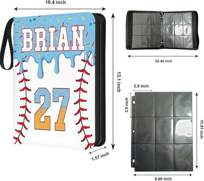 Personalized Ice Cream Drip Baseball Card Binder with Name &amp Number – Zipper Trading Card Album with Handle – Collector Case for Players &amp Fans (Ice Cream Drip Art #1)