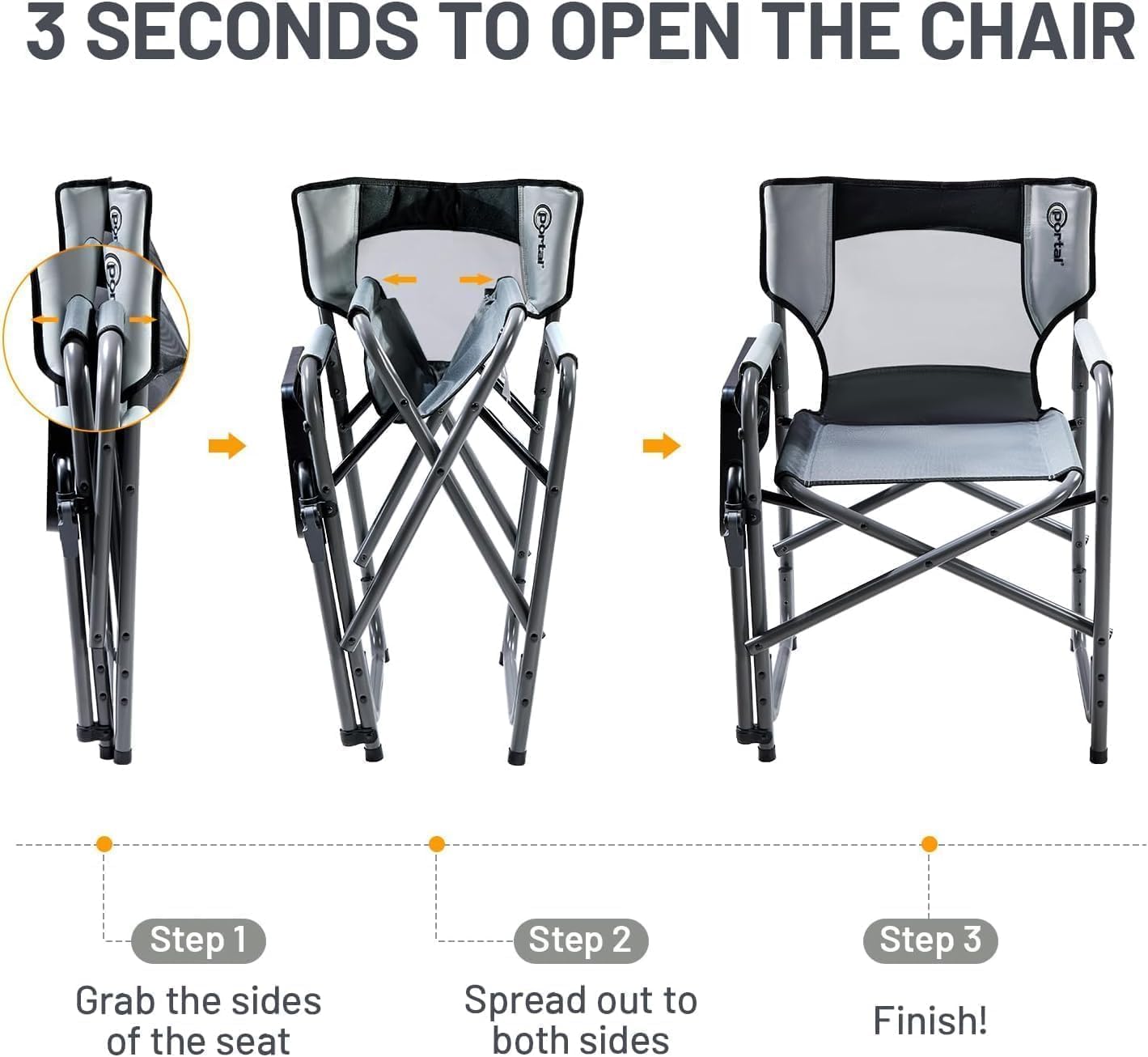 Portal Folding Director Chair with 2-Way Rotating Side Table, Heavy Duty 300 lb Camping Chair with Swivel Tray & Cup Holder, Ergonomic Mesh Back Portable Outdoor Seat for RV, Tailgating & Lawn, Grey