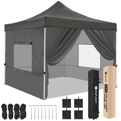 Yesker 10x10 Pop Up Canopy Tent with 4 Sidewalls Portable Folding Outdoor Canopy Easy Setup Gazebo Waterproof Instant Popup Shelter Tent w Wheeled Carry Bag sandbags for Events Parties Camping, Gray