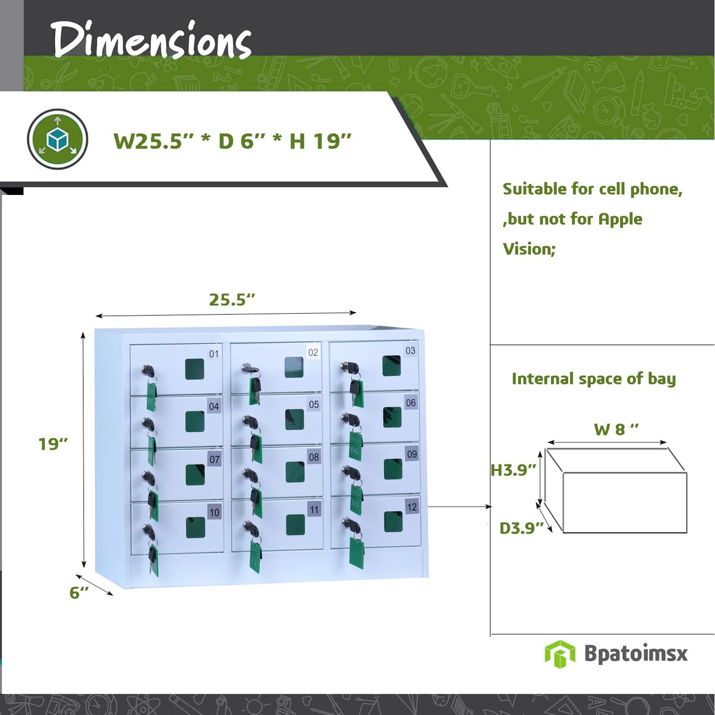 Bpatoimsx Secure and Convenient 12 Slots Cell Mobile Phone Metal Storage Cabinet Lockers with Charger Charging Station Cabinet and Key Lock White - Ideal for Students and Employees or Police Station