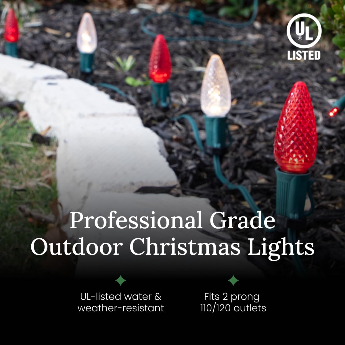 Christmas Designers Pro C9 Light Cord - 100 ft, 133 Bulb Sockets, 9in Spacing, Green Wire, Outdoor Holiday Decor