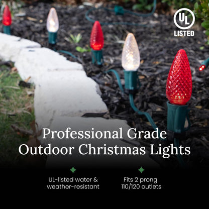 Christmas Designers Pro C9 Light Cord - 100 ft, 133 Bulb Sockets, 9in Spacing, Green Wire, Outdoor Holiday Decor