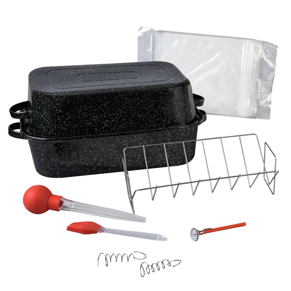 Granite Ware 25 lb Rectangular Roaster Set (10pcs), includes Lid, V-Rack, 2 pack brining bags, oven/grill-safe meat Thermometer, Turkey Baster with sylicon bulb, small brush