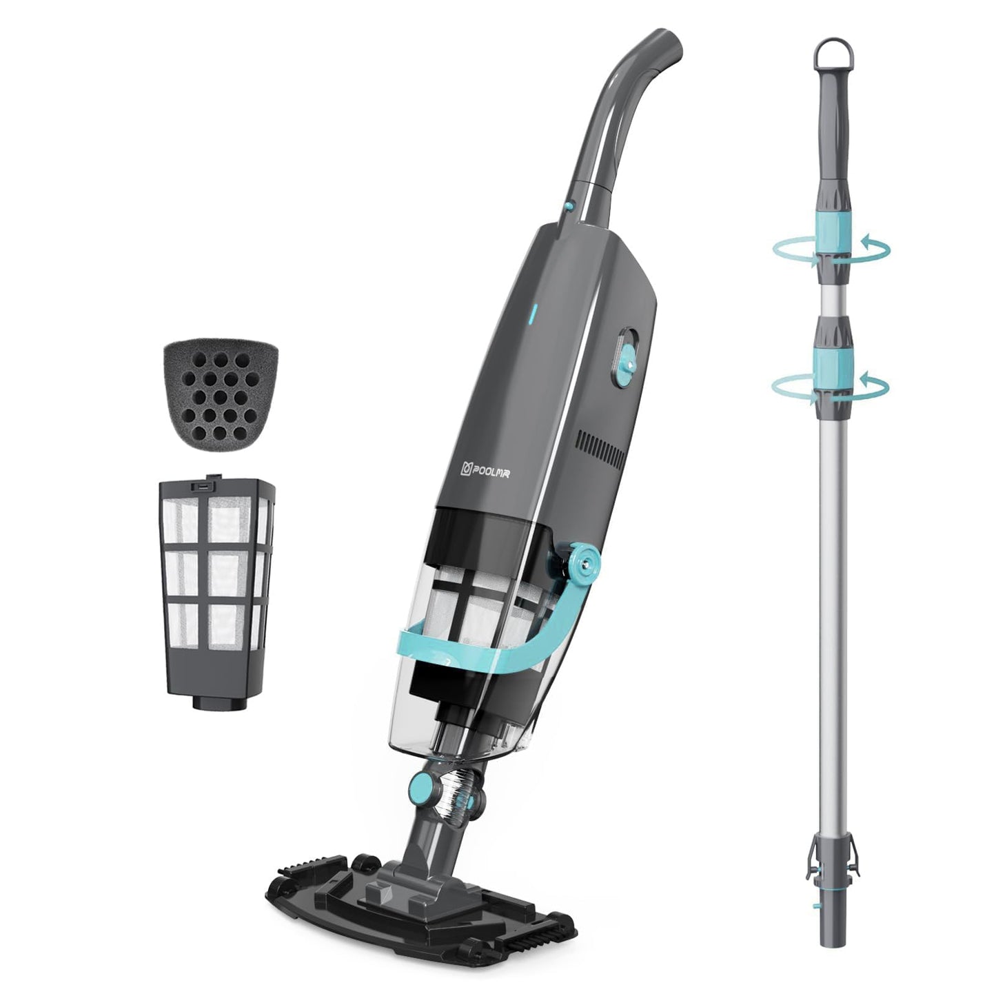 PoolMr Cordless Handheld Pool Vacuum For Above & Inground Pools, with 18.5 Gal/Min Suction, 60 Min Runtime, Dual-Phase Cleaning System,65in Telescopic Pole, for Spas & Hot Tubs, Charcoal (New Version)
