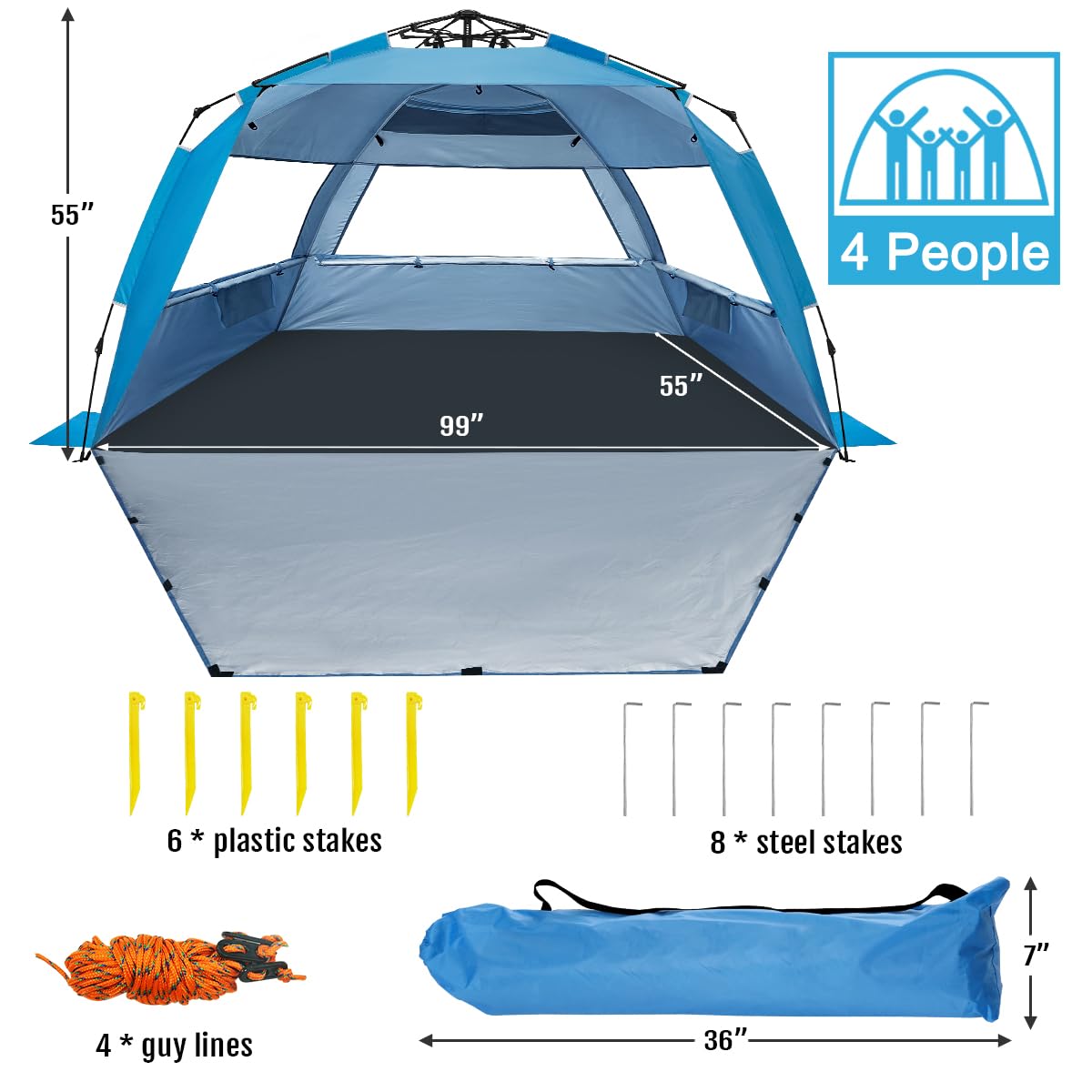 WhiteFang Deluxe XL Pop Up Beach Tent Sun Shade Shelter for 3-4 Person, UV Protection, Extendable Floor with 3 Ventilating Windows Plus Carrying Bag, Stakes, and Guy Lines (Solid Blue)