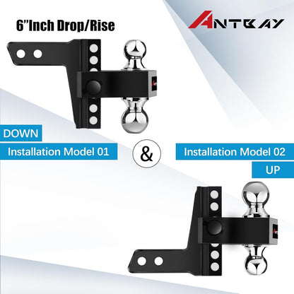 Adjustable Aluminum Trailer Hitch - Fits 2" Receiver, 6" Drop & Rise Dual Ball Mount (2" X 2-5/16") - 12,500 LBS GTW Towing Capacity with 2 Locking Pins for Trailers, Campers, Agricultural Machines