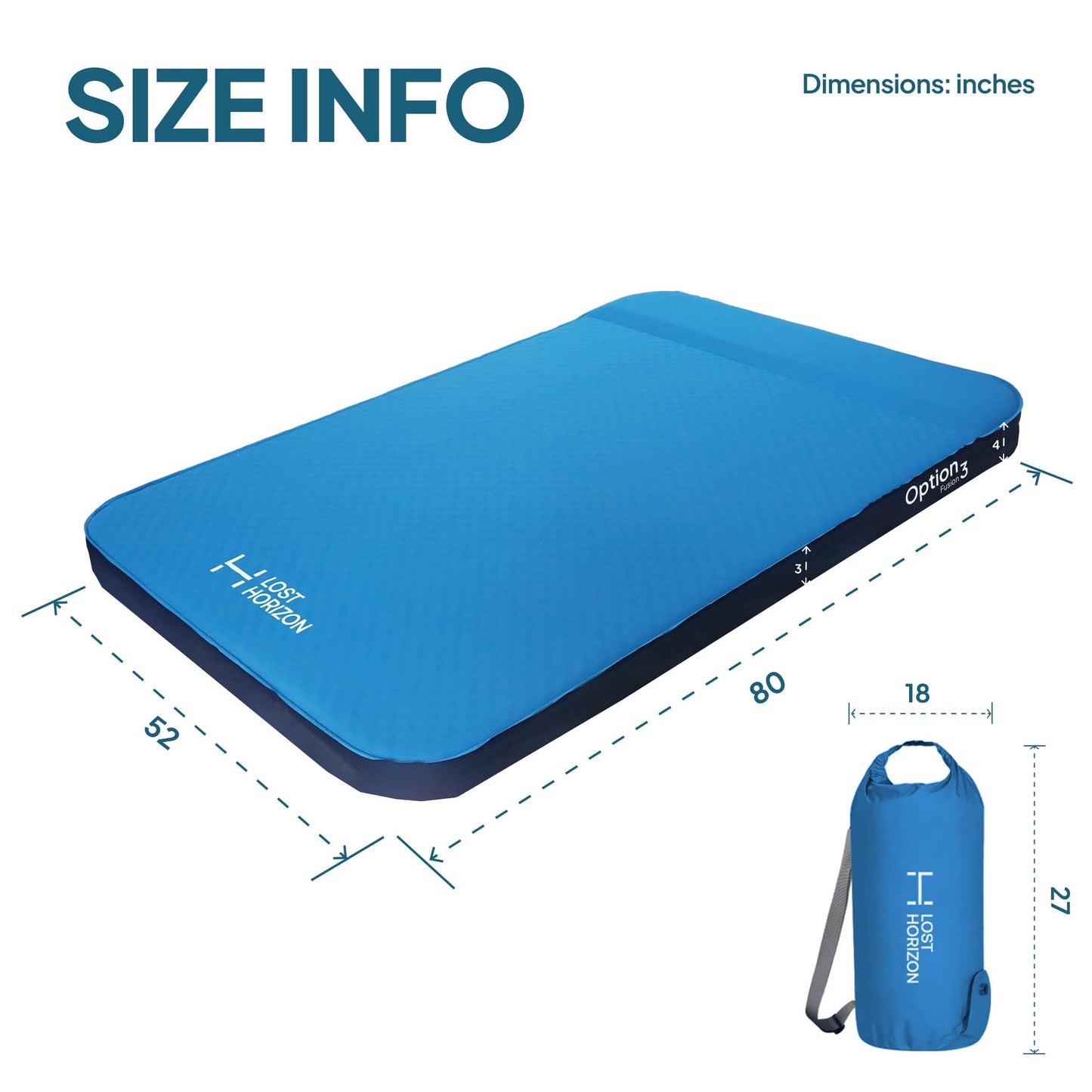 Lost Horizon Air & Foam Camping Mattress, Self-Inflating Sleeping Pad, 3" Thick, with Pump Sack, Full