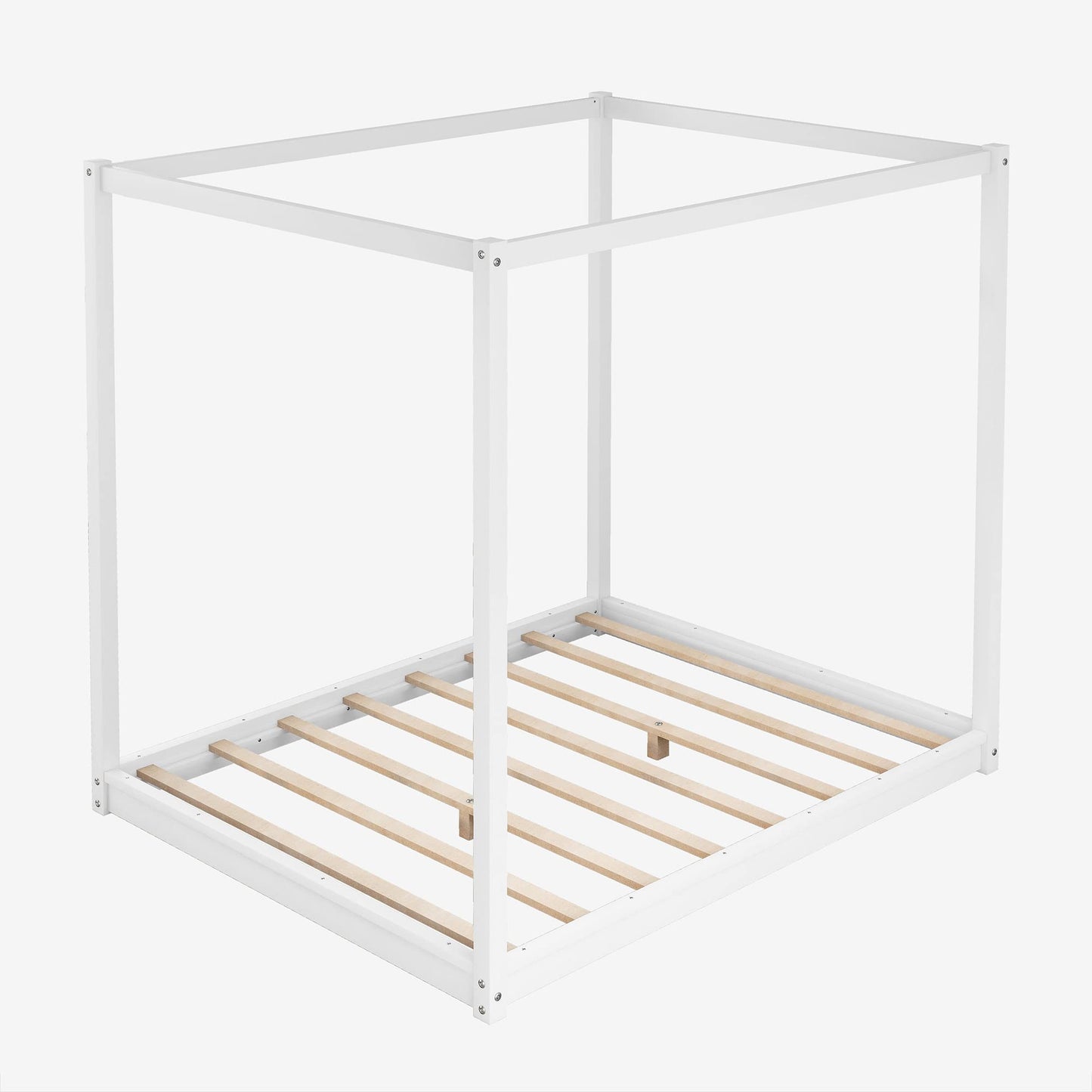 Merax Wooden Canopy Platform Bed Frame Queen Size Floor Bed/Mattress Foundation with Slat Support White