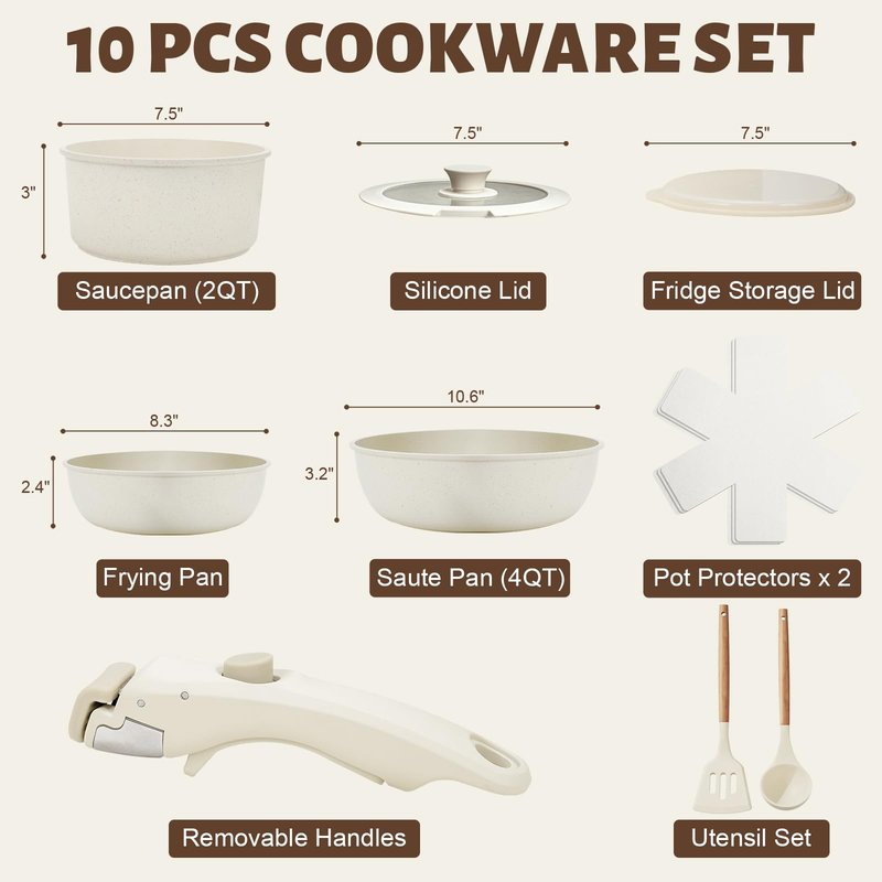 Numola 10 pcs Pots and Pan Set Non Stick with Detachable Handle, Ceramic Cookware Set for Stackable, Induction Kitchen Cookware Set for RV, Dishwasher ＆ Oven Safe, Cream White