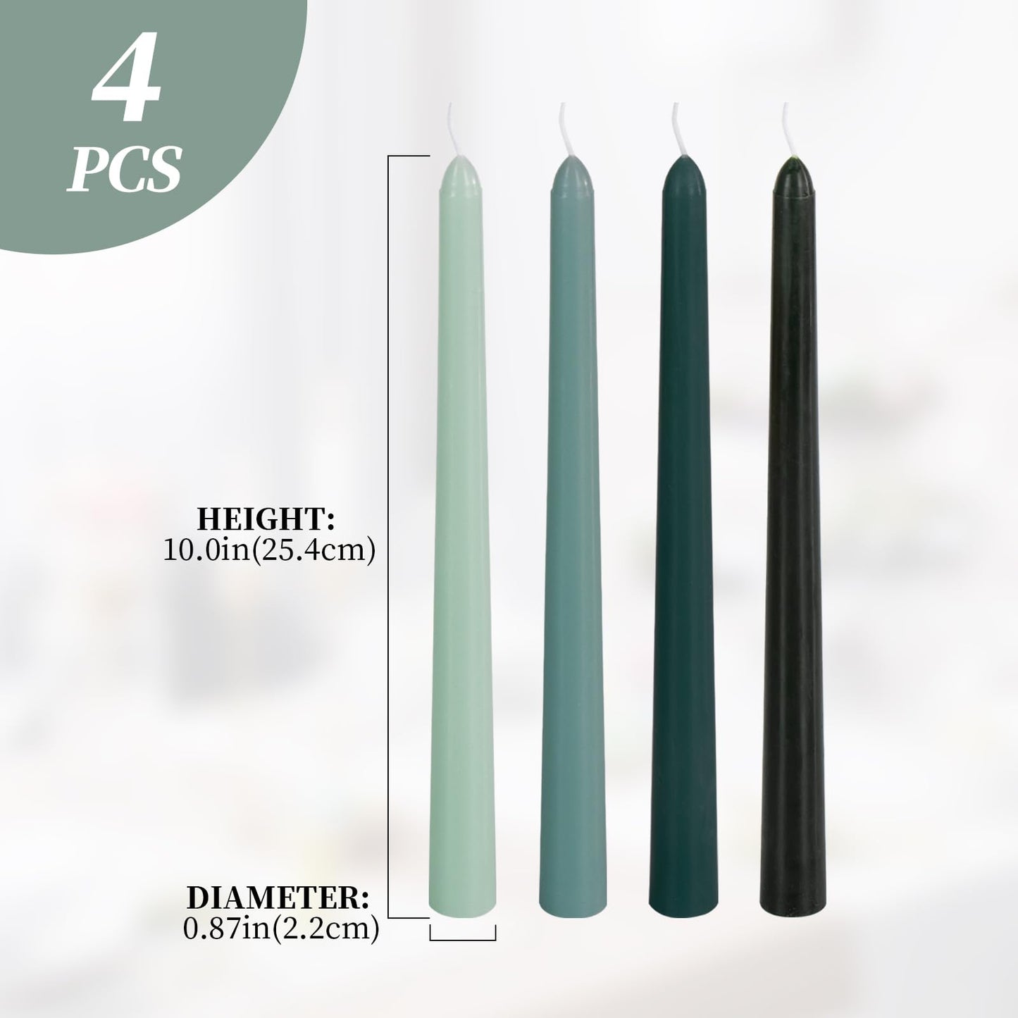 Green Taper Candles, 10 inch Tapered Candles, 4 Pack Gradient Unscented and Smokeless Long Burning Candles with Cotton Wicks, Tall Candlesticks Weddings, Christmass, Dinner Parties, and Home Décor