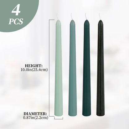 Green Taper Candles, 10 inch Tapered Candles, 4 Pack Gradient Unscented and Smokeless Long Burning Candles with Cotton Wicks, Tall Candlesticks Weddings, Christmass, Dinner Parties, and Home Décor