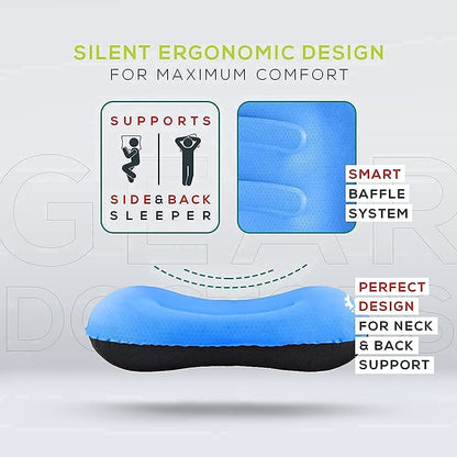 Gear Doctors Ultralight 17oz Apollo-Air Sleeping pad + Blue Anti Slip Camping Pillow Duo, 5.2 R-Value 4 Season Air Mattress with Ergonomic Ultralight Pillow The Size of A Soda Can