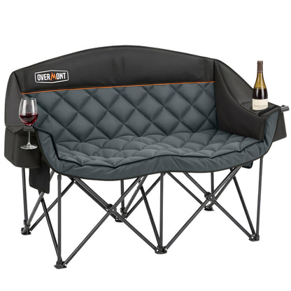 Overmont Oversized Double Camping Chair for Adults Supports up to 850 lbs XXL Heavy Duty Padded Folding Loveseat with Cooler Bag and Cup Holder for Outdoor, Beach, Fishing, Lawn, Black