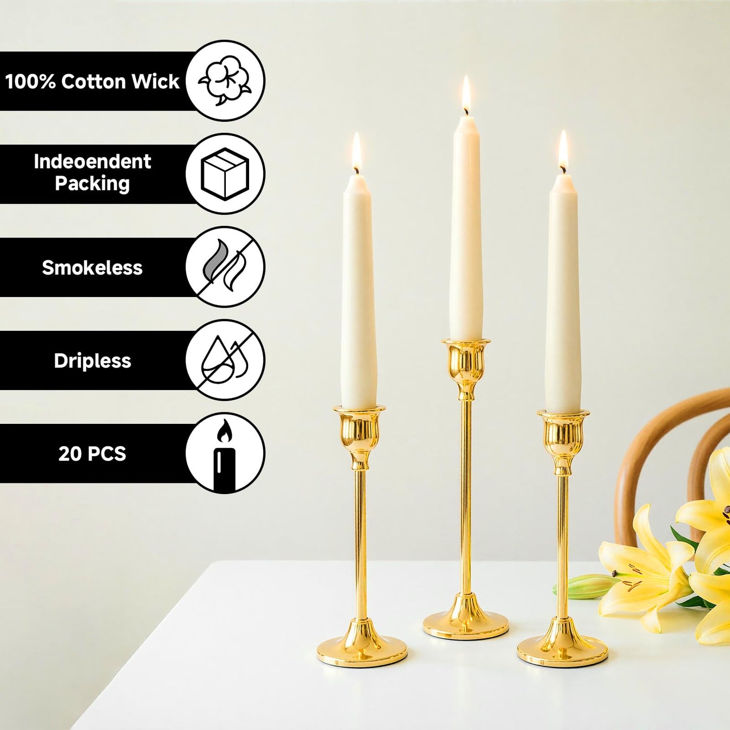 20 PCS Taper Candles: Ivory White Dripless Unscented Smokeless 10 Inch Tall Paraffin Wax Sticks with Cotton Wicks, 7-8 Hours Burning Time for Wedding Christmas Table Decor & Candlestick Holders