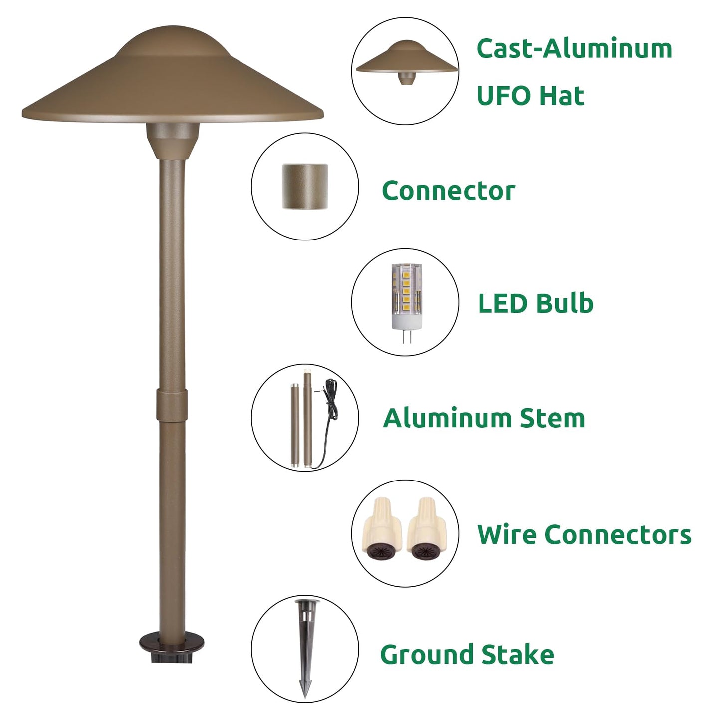Lumina Lighting® Low Voltage Landscape Lighting Cast-Aluminum Path and Area Light Warm White 3W G4 LED Bulb and ABS Ground Stake Included for Yard Walkway Lawn PAL0108-BZLED10 (Bronze, 10-Pack)