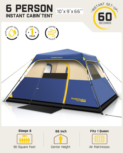 FanttikOutdoor Zeta C6 Pro Camping Tent 6 Person Instant Cabin Tent Setup in 60 Seconds with Rainfly & Windproof Portable with Carry Bag for Family Camping & Hiking, Upgraded Ventilation, Navy Blue